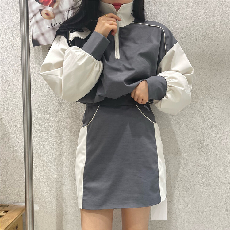 [NC edition] polo collar color contrast label short sweater + casual skirt set z2299# zxx