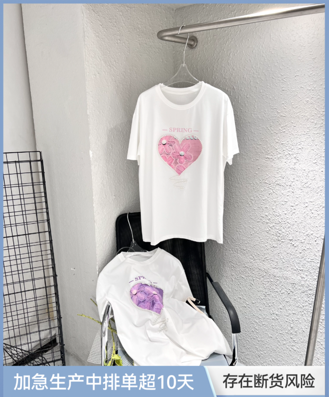[Feimao (Yimao)] Korean love pearl edge printed sweet short sleeve T-shirt ym-7718# LSL