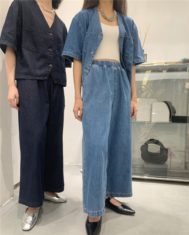 [t-platform] Korean V-neck double POCKET DENIM JACKET + elastic waist jeans set 8365# zxx