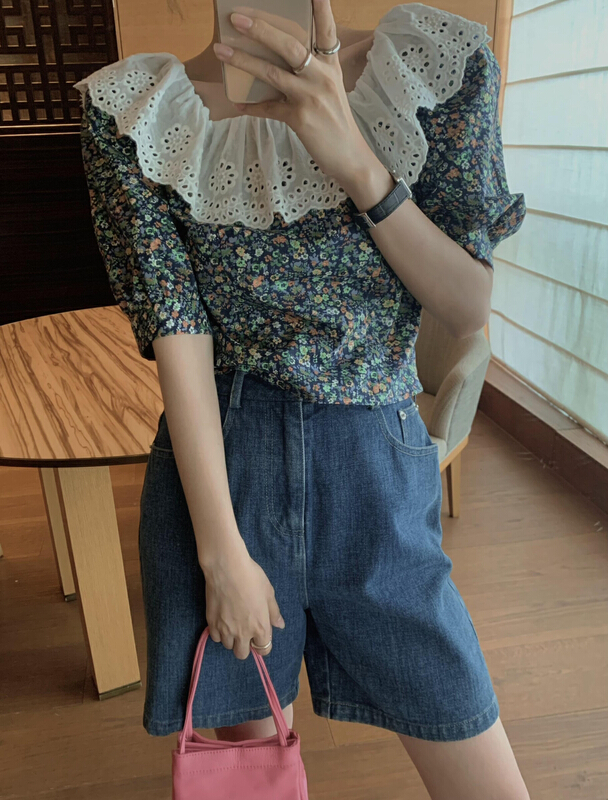 goods in stock! New in early summer! [finoa] Korean casual one line neck hollowed out hook flower splicing lace broken chiffon shirt 10378# CLS