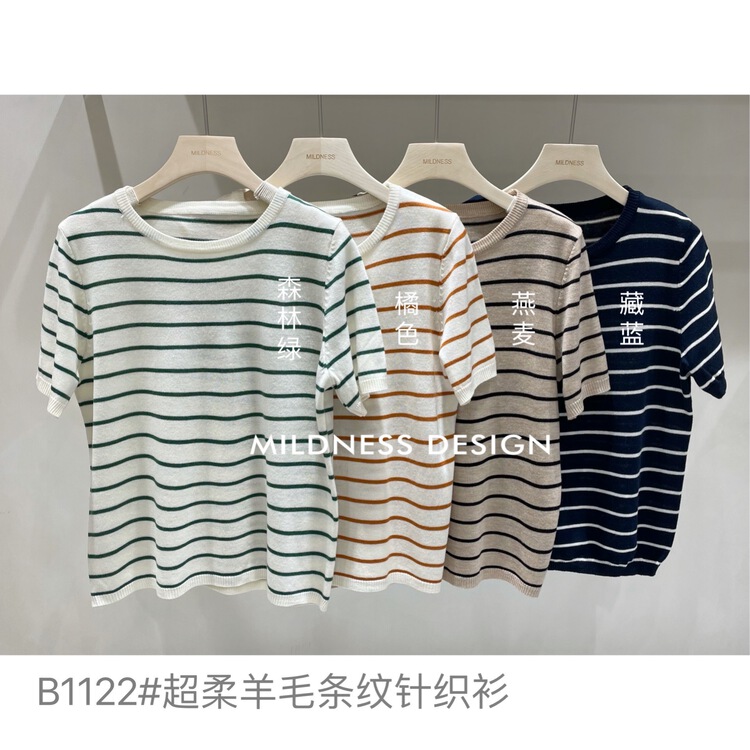 [mildness] striped crew neck loose knit (10% wool) b1122# ZSY