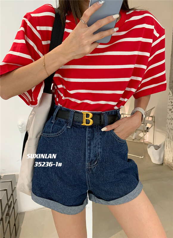 Summer new! [suxinlan] design sense retro slim fashion denim shorts (with belt) 35236 light blue-35236-1 Navy # LSL