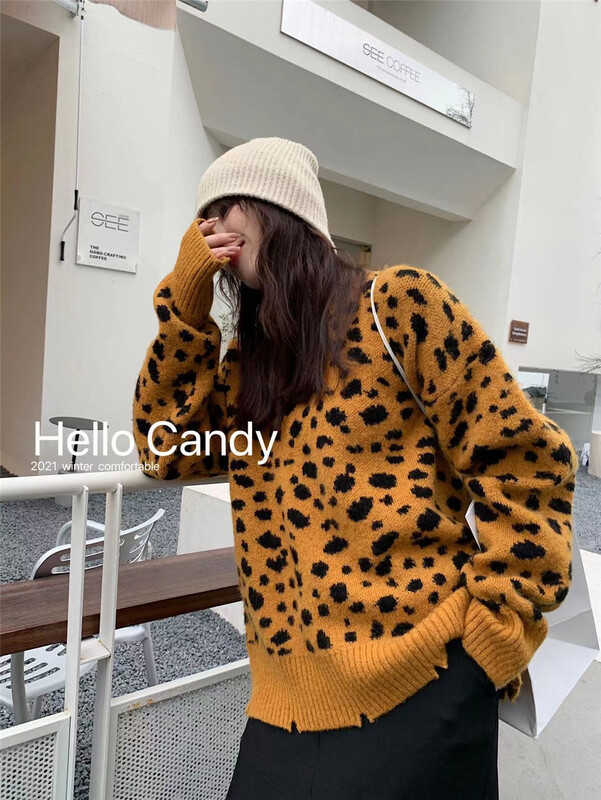 [candy] Korean round neck leopard loose warm sweater q21010736# ZSY