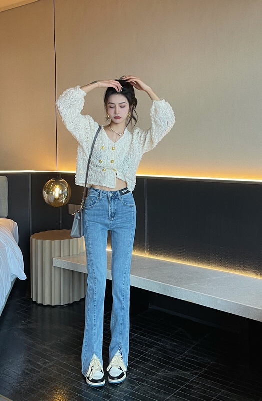 New year in early spring! [x2 Fansi feather] high waist elastic thin split chopsticks jeans 8177# WTT