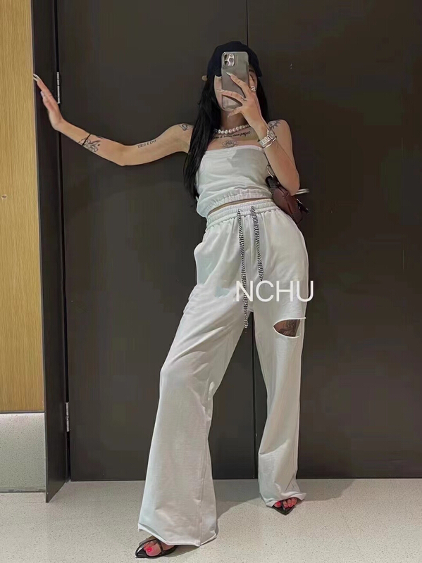[RM. HH] sexy simple bra + elastic waist with holes casual pants set 2075# PCZ
