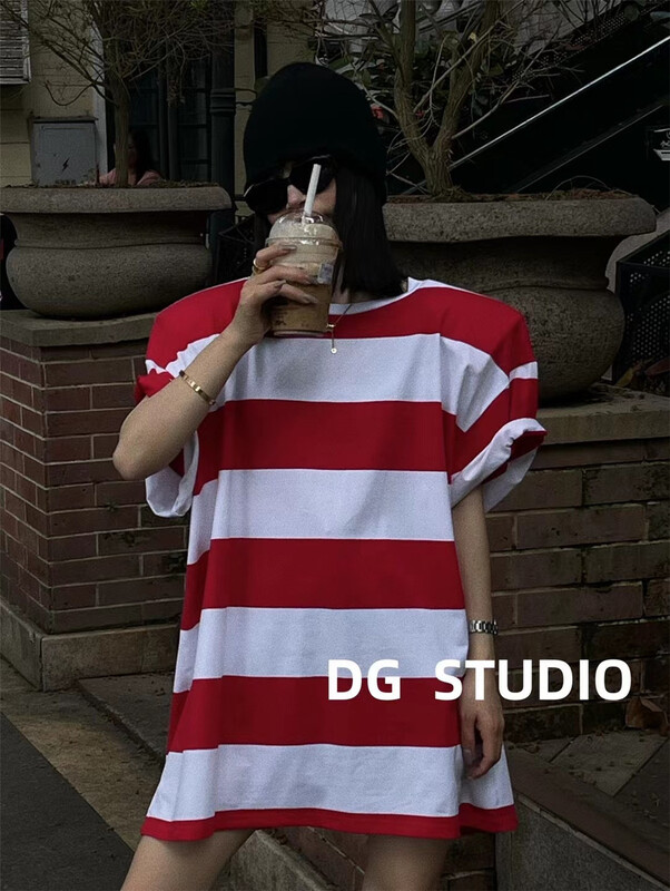 [DG] personalized loose stripe shoulder pad short sleeve T-shirt 8118# XJ