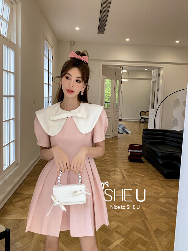 goods in stock! [she u] minority color blocking large lapel bubble sleeve dress c88615# cqw