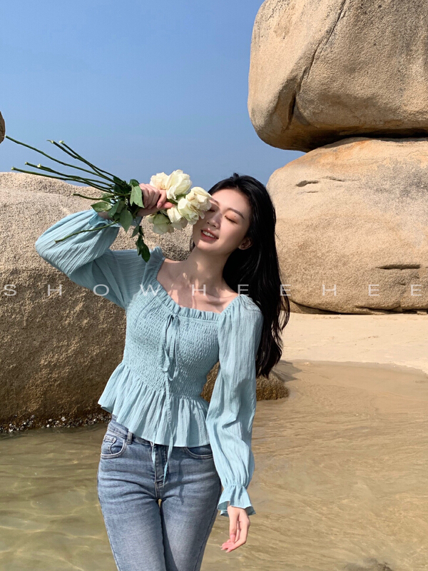 New year in early spring! [xiuxixi] French retro elegant waist closing square neck blouse 9022# zxx