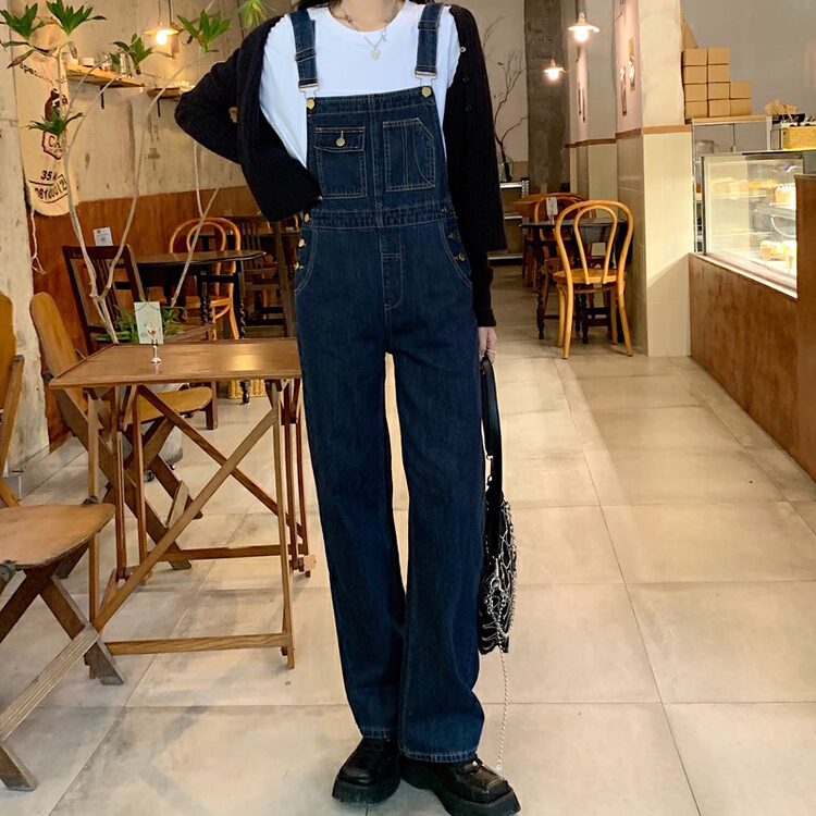 New year in early spring! [timely rain] Han Feng ins retro, versatile, age reducing, loose and thin, Wide Leg Denim suspenders a7081# jhy