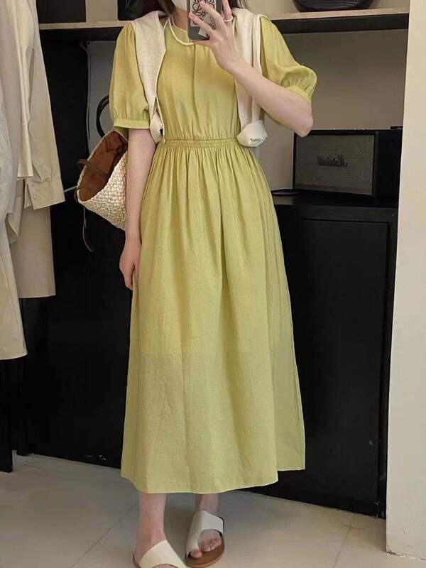 New in early summer! [larti] Korean round neck solid color waist closing dress 8359# ll