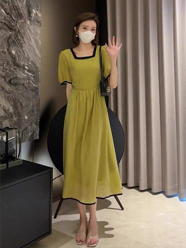 [ou zhengsha] French color contrast square neck dress 18788# JJ
