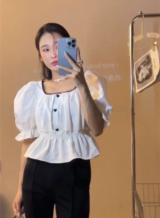 [fox] pleated color matching love button blouse a155# WTT