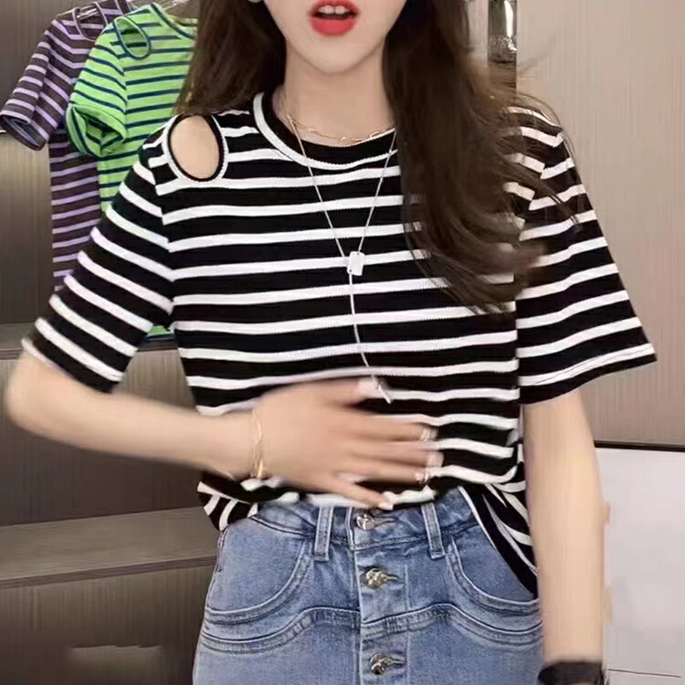 [HH] Korean Pullover comfortable stripe short sleeve T-shirt 239# L