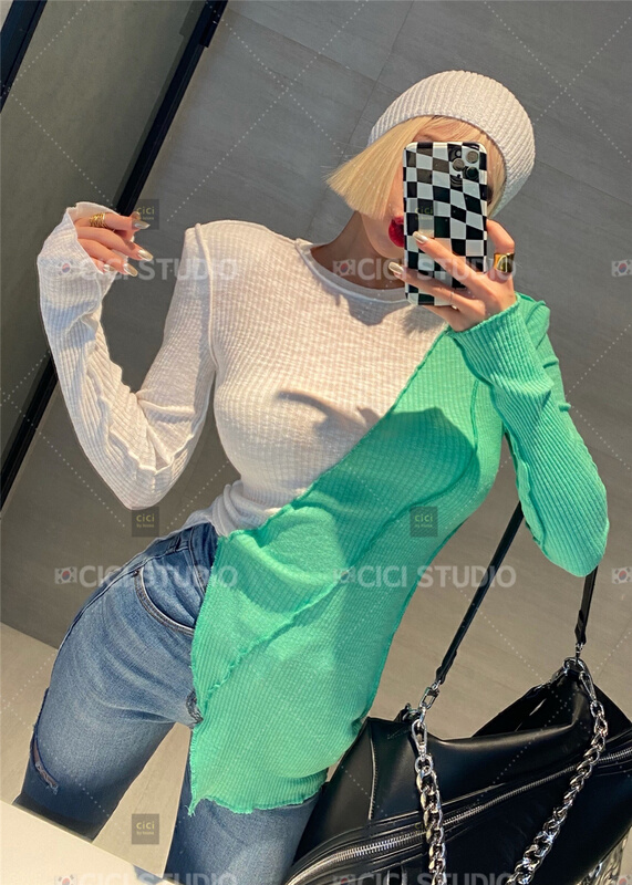 New year in early spring! [CICI studio] color blocked slit slim long sleeve T-shirt ys1-2221# zxl