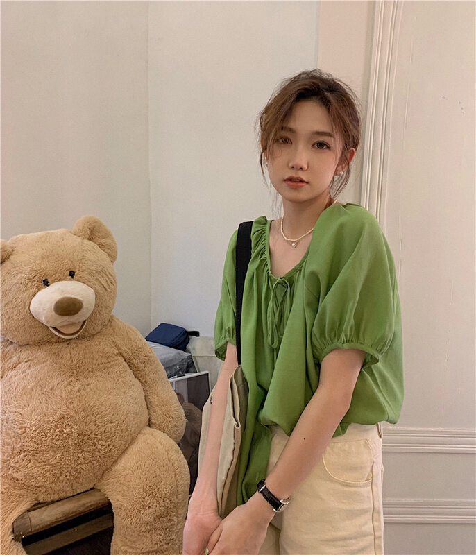 [timely rain] Han Feng ins loose gentle sweet tie neck Princess Sleeve Chiffon shirt 72925# WPL