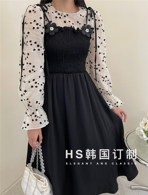 New year in early spring! [HS customized in Korea] Korean version fake two pieces of wave dot printed long dress (small flowers can't be removed) 26055 # hjy