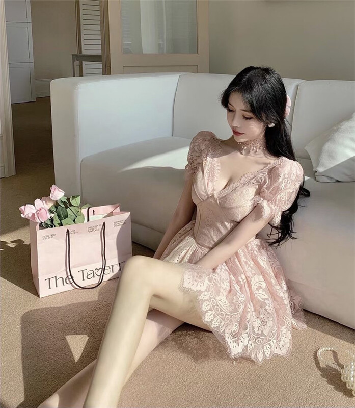 [red] V-neck Princess Lace Waist Dress 3058# JJ