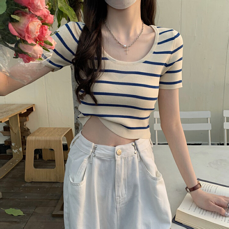 [f · P] sweet and spicy girl round neck contrast stripe exposed navel sweater y9102# HBx