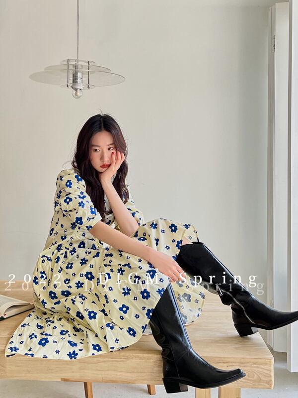 Original price 134.63! New year in early spring! [digm] Korean sweet floret pleated waist slim dress 3910# zxx