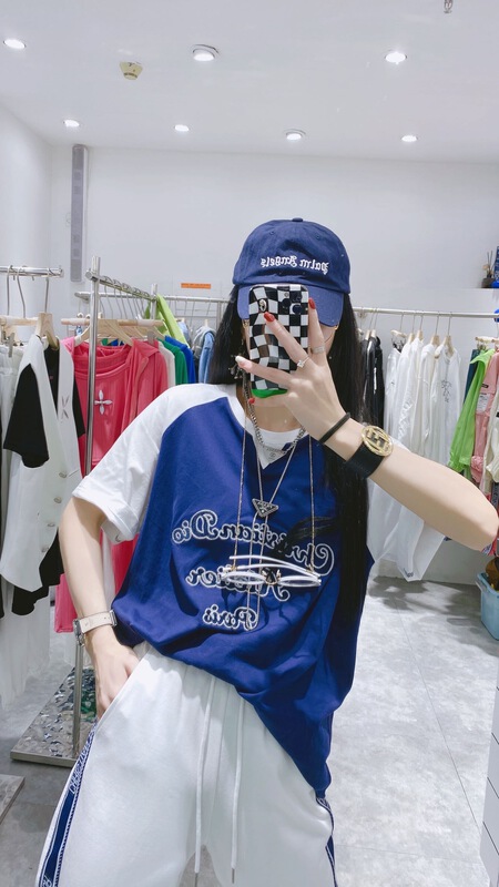 goods in stock! [Dany] round neck color block letter short sleeve T-shirt 77567# zyh