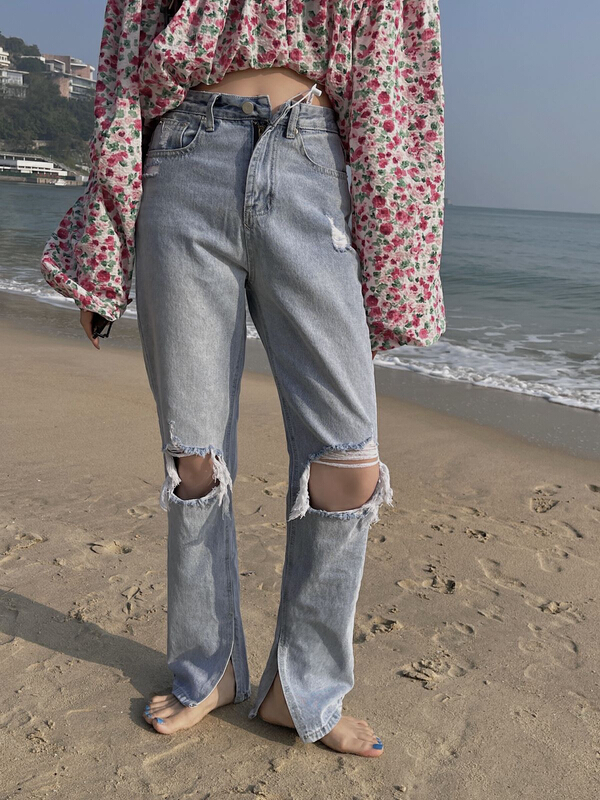 New year in early spring! [VT] Vintage washing water broken hole straight jeans 8636# ozq