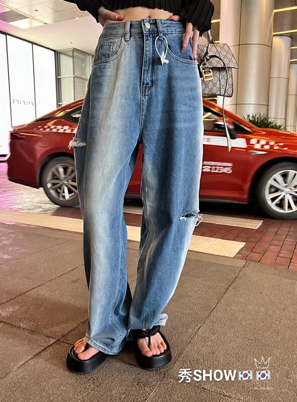 [show] gradually loose wide leg straight jeans with holes 26160# ozq