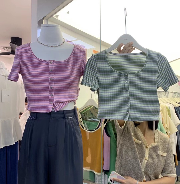 [Boran] stripe versatile basic button blouse ys1-2103# XYJ