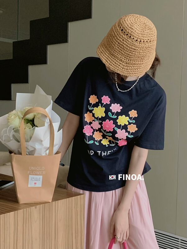 New in early summer! [finoa] small fresh print literary short sleeve T-shirt 10421# CLS