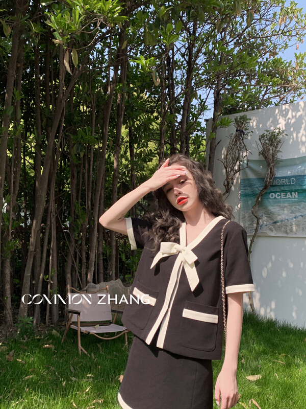 [CZ Zhang] small fragrance temperament color contrast coat + slim skirt suit 62448# XYJ
