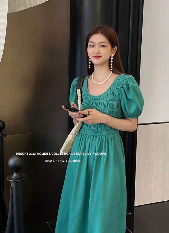 New in early summer! [yoomini1] u-neckline, pull and thin short sleeve dress x12733# WPL