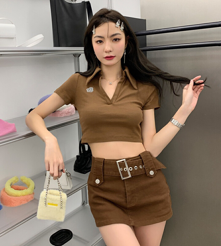 [x · h studio] American retro Spice Girl polo collar short sleeve T-shirt 6895# ozq