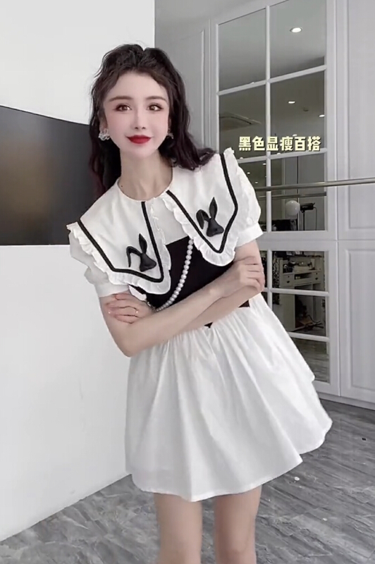 [JH] net red doll neck contrast color stitching dress (only dresses) 41659# PCZ