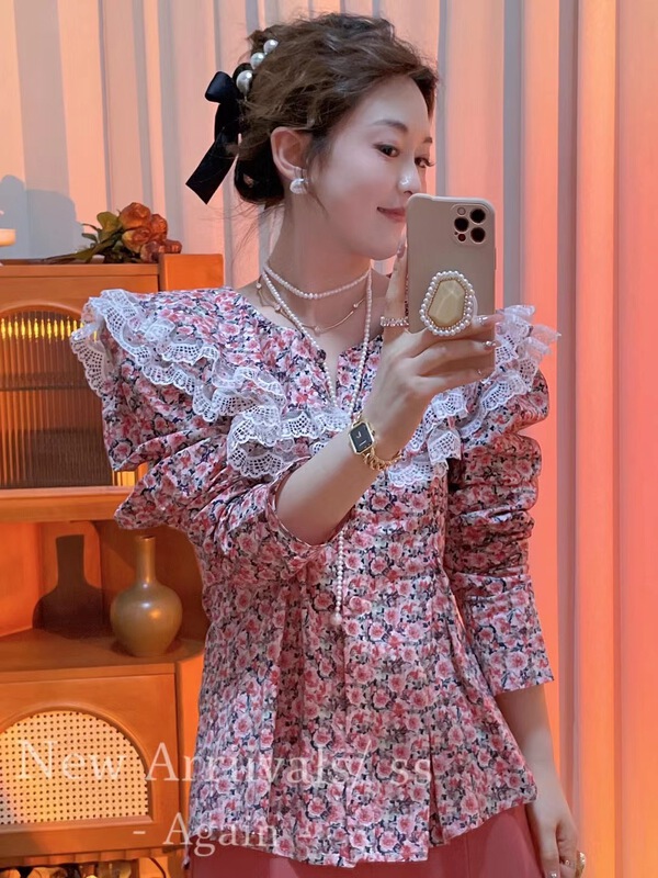 goods in stock! New year in early spring! [again] Korean color contrast large lapel floral single breasted shirt 6033# PCZ
