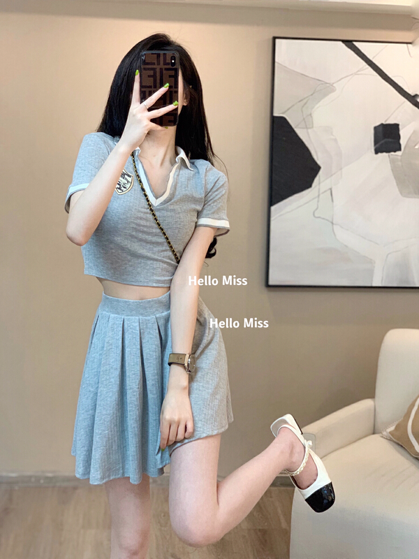 [Hello Miss] summer polo collar shirt + College skirt suit ys1-6233# PCZ