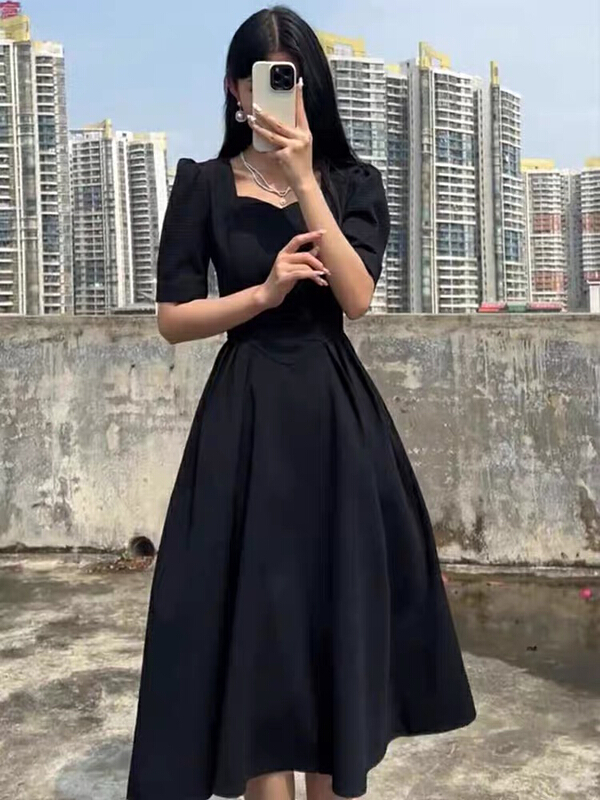 [Yingying new clothes] French waffle bubble sleeve square neck slim waist dress 7405# Cl