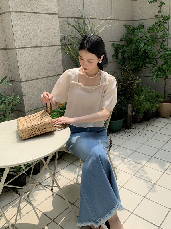 [new open] Korean version simple square neck short style solid color short sleeved shirt fy22758# zxl