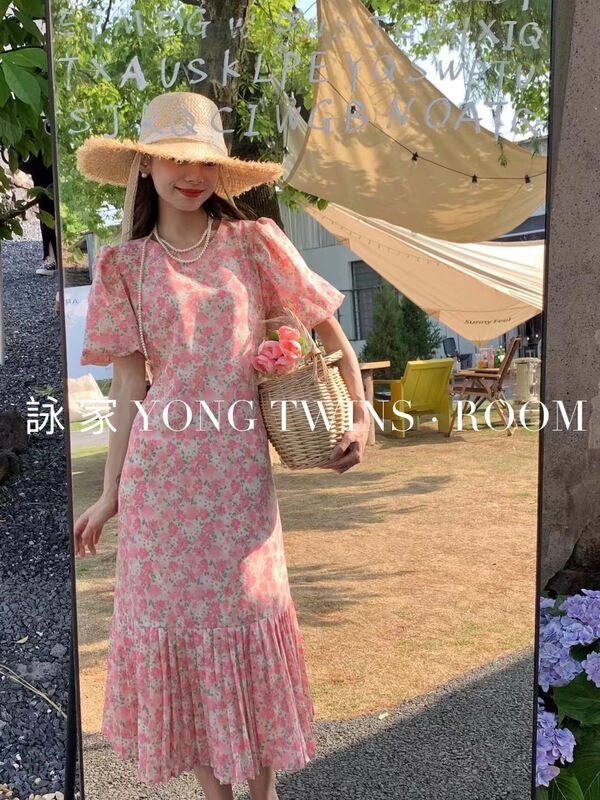 [Yong swimmer] floral pleated short sleeved dress 992# WTT