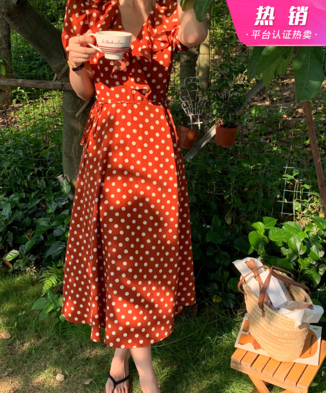 [vistype] Korean V-neck French retro polka dot dress 7650# hjy