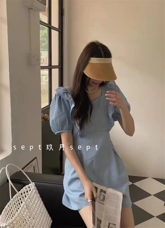 [set] Korean style square neckline black ear side denim Jumpsuit 6008-4# zxx