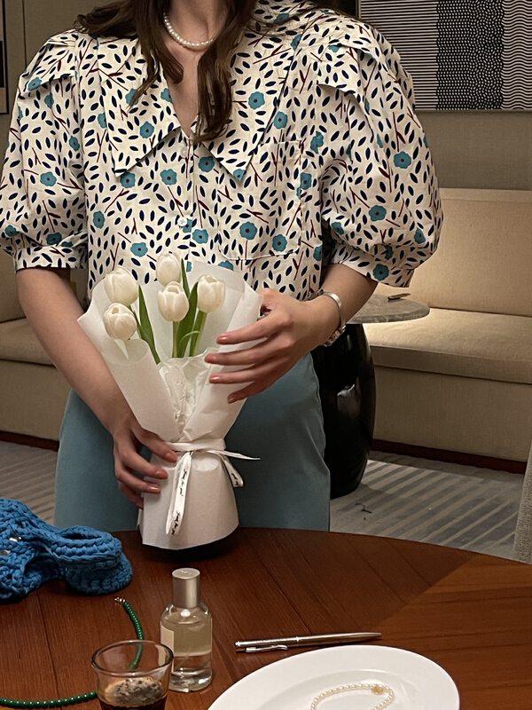 [on line] Korean foam sleeve printed Vintage button up shirt 86785\lwy