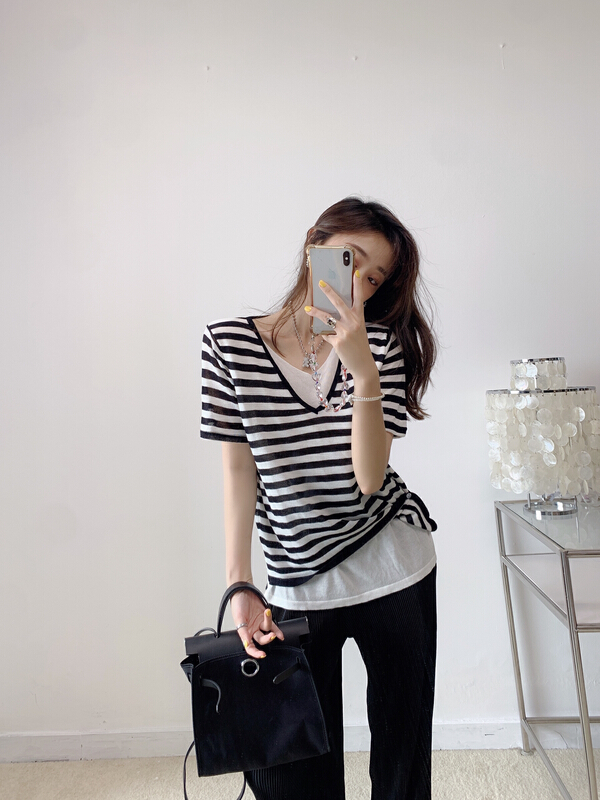[Vanessa] design fake two-piece ice curl knit shirt 6211# ozq