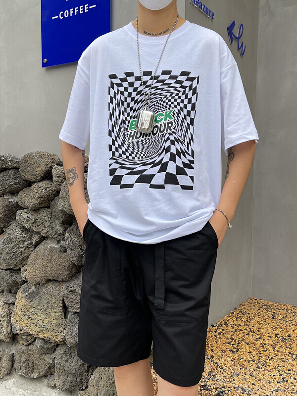 [z.w] rotating space checkerboard printed short sleeve T-shirt 7055# ZZL