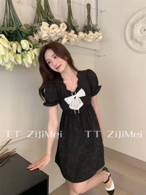 New in early spring! [self beauty] little woman sweet bow short sleeve dress (with bow) 6159# HJY