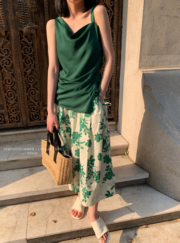 [neihe] Korean side drawstring pocket print skirt 22237# zxx