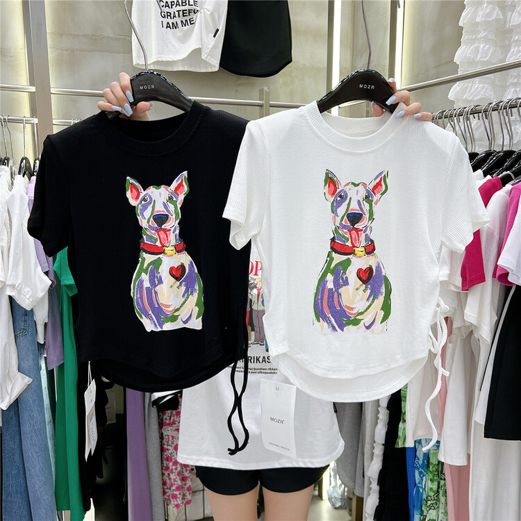 [mozr] Dog Print slim short sleeve T-shirt 22111# XYJ