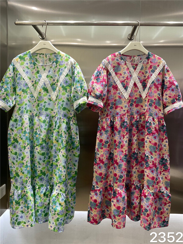 [we home] round neck floral Pleated Dress 2352# L