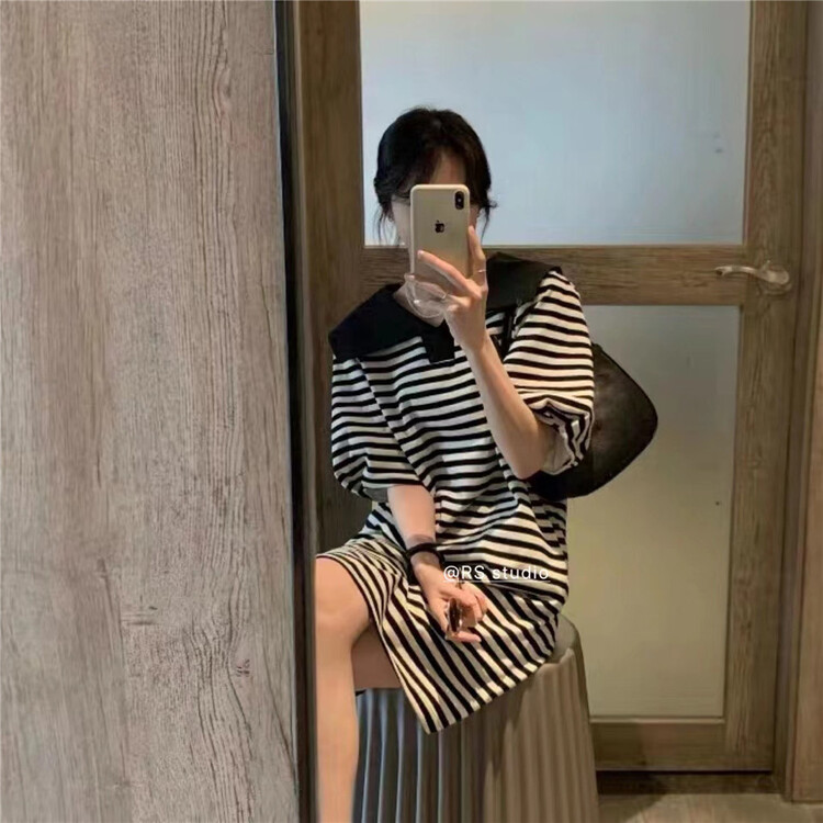 [RS] Korean loose Polo neck medium long stripe dress rs1983# XYY