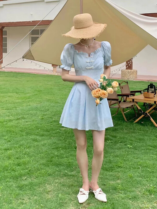 [twins] French square neck, waist closed, slim, a-word high-grade dress 8867# hjy