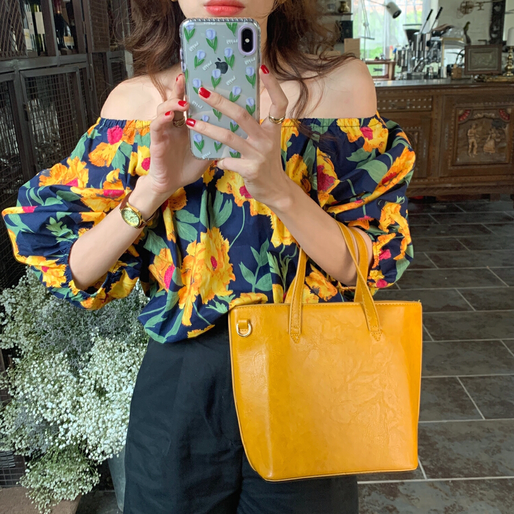 New in early summer! [timely rain] design bubble sleeve off shoulder shirt 01725# WPL