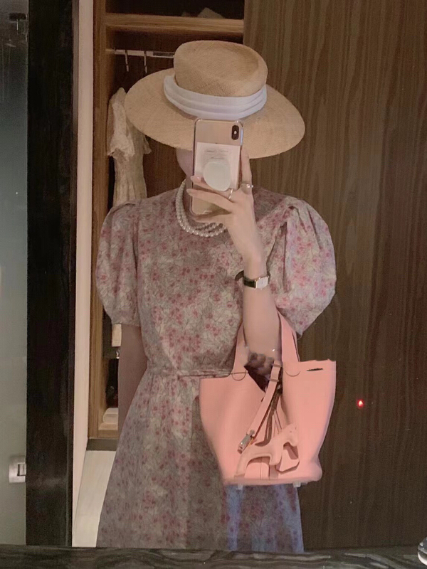 [RS] round neck bubble sleeve floral dress rs1938# XYY